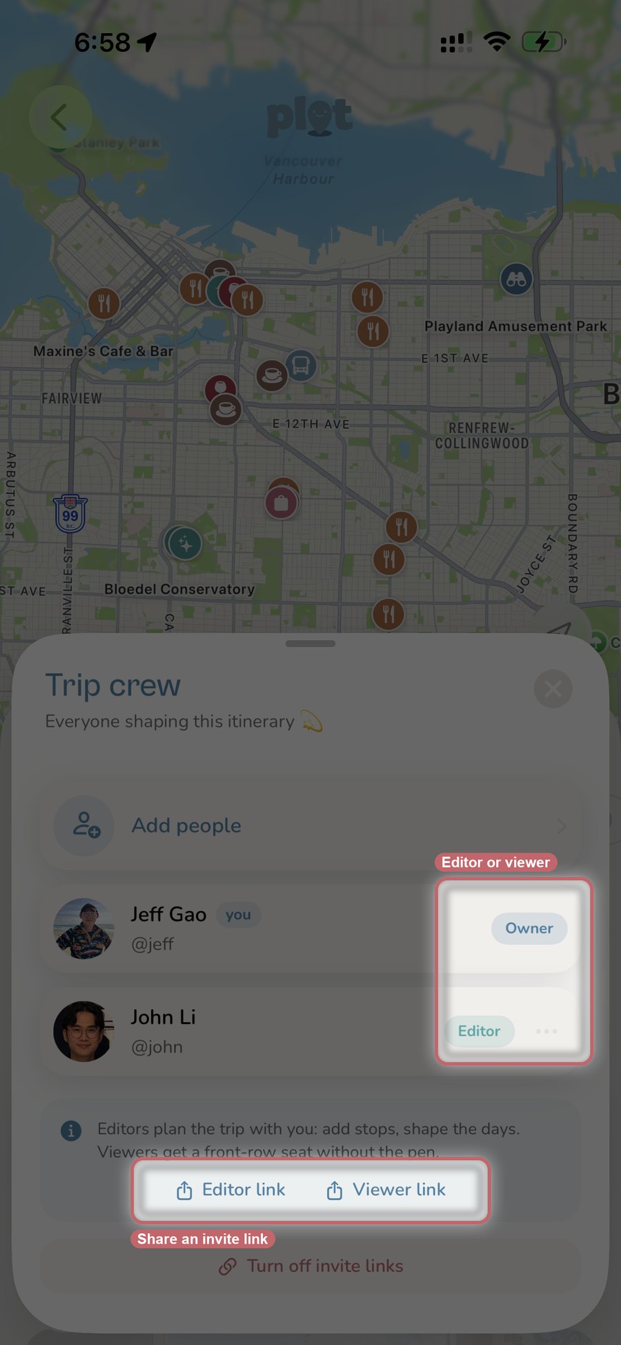 Plotline's trip crew sheet showing owner and editor roles alongside separate editor and viewer invite links