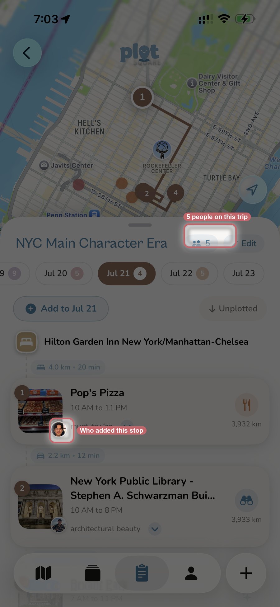 A five-person Plotline trip itinerary anchored to a hotel, with day tabs, travel times, and a collaborator avatar on each stop
