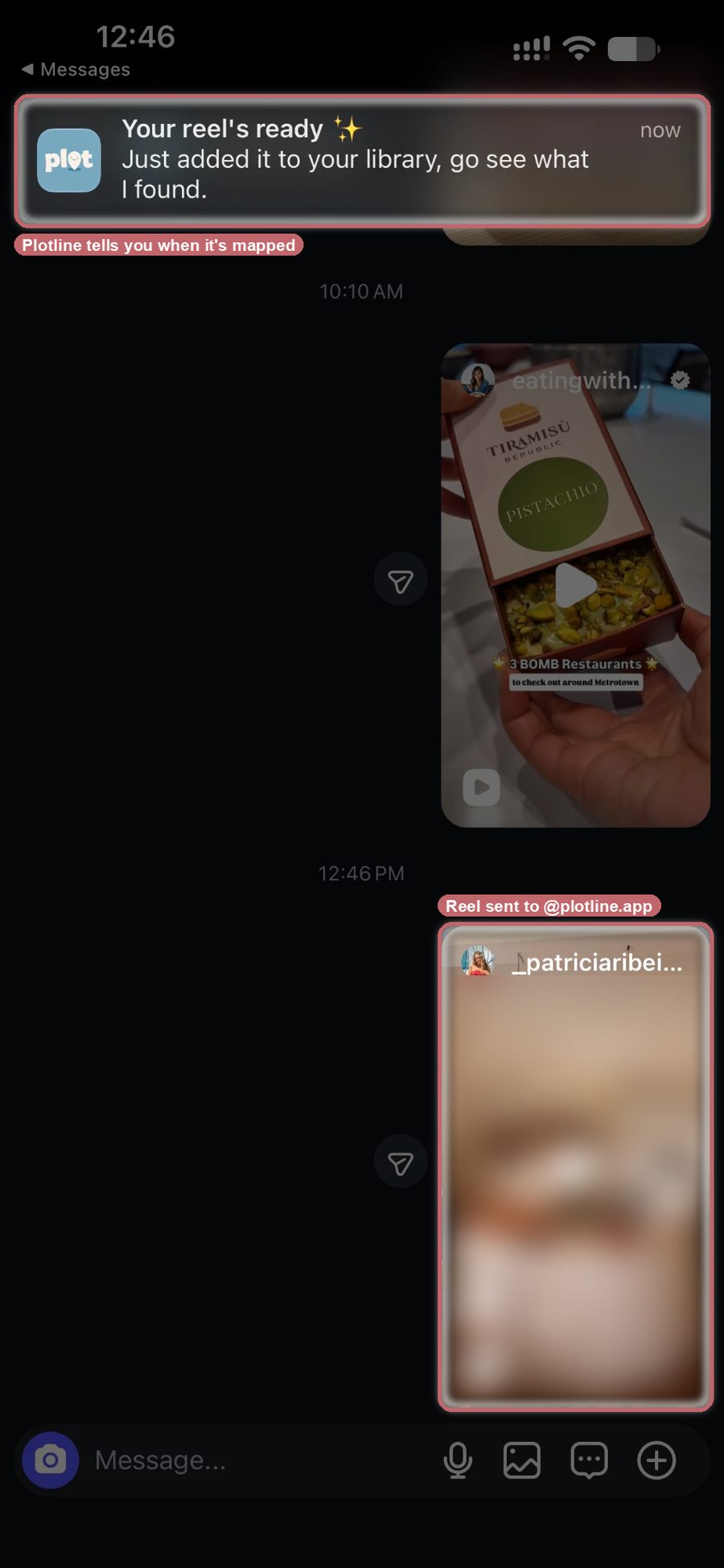 An Instagram DM thread with a Reel sent to @plotline.app, and Plotline's notification that the places were added