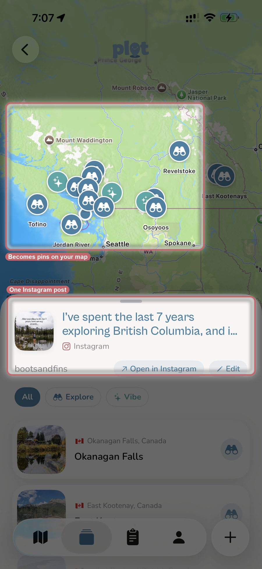 One shared Instagram post about British Columbia expanded into a cluster of individual map pins in Plotline