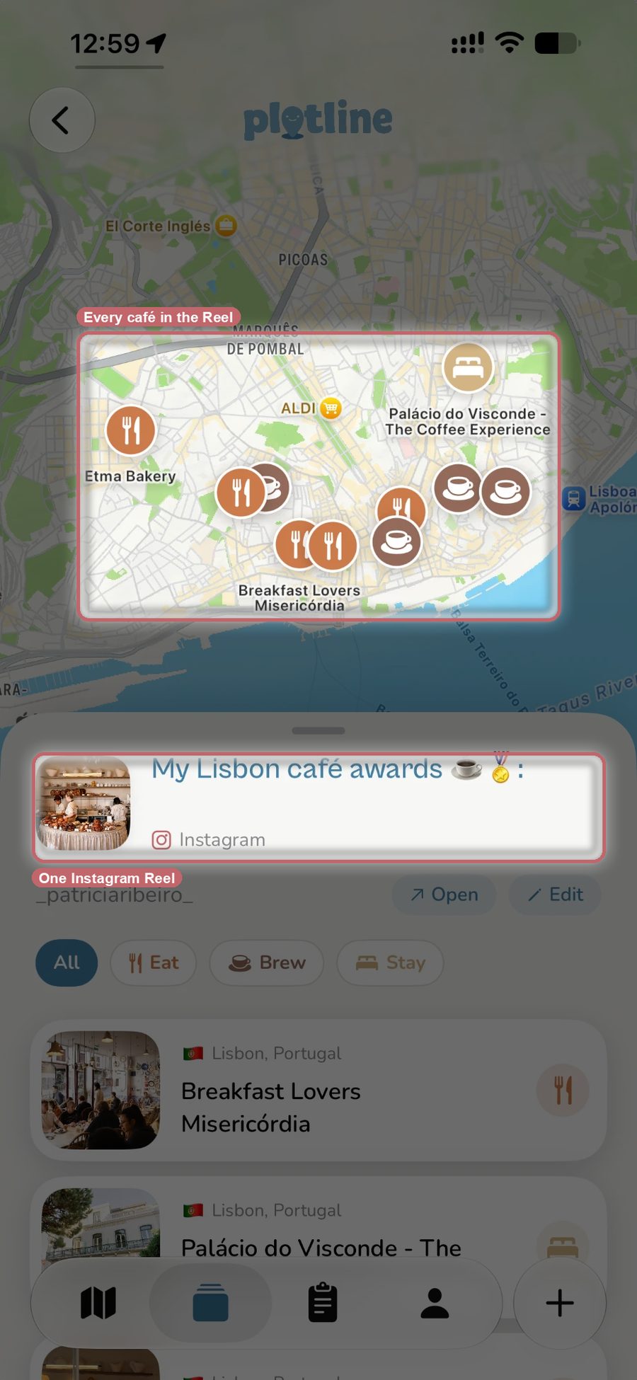 A map of Lisbon in Plotline with the ten places from a café-awards Reel pinned