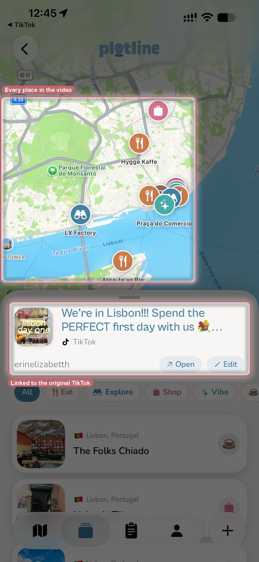 The 12 places from the TikTok as pins on a map of Lisbon, linked to the original video