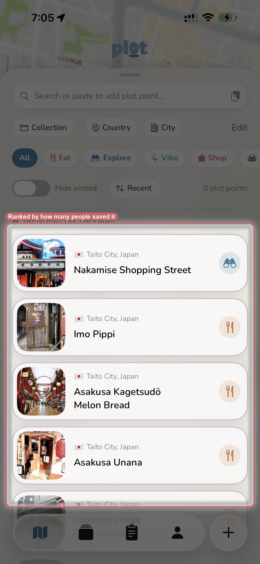 Plotline's browse drawer showing trending places in Tokyo ranked by how many travelers saved each one