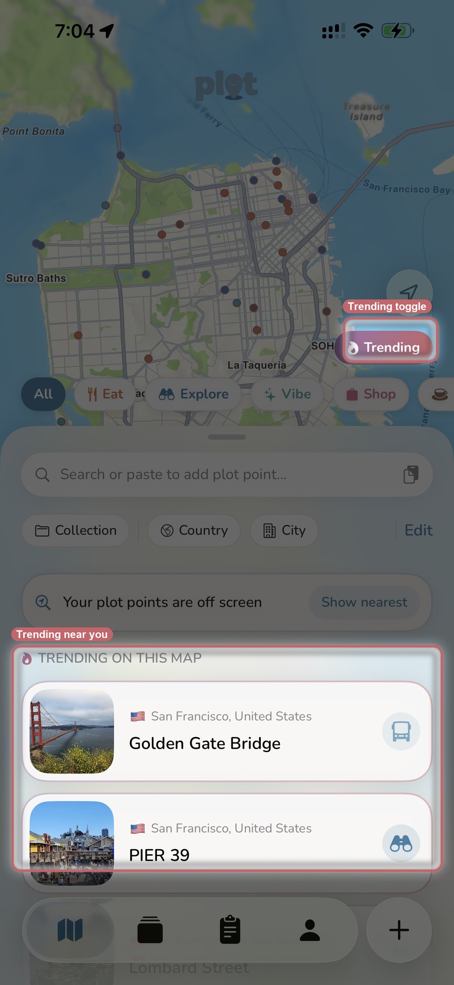 Plotline's map of San Francisco with the Trending toggle enabled, showing community pins and a list of trending places below