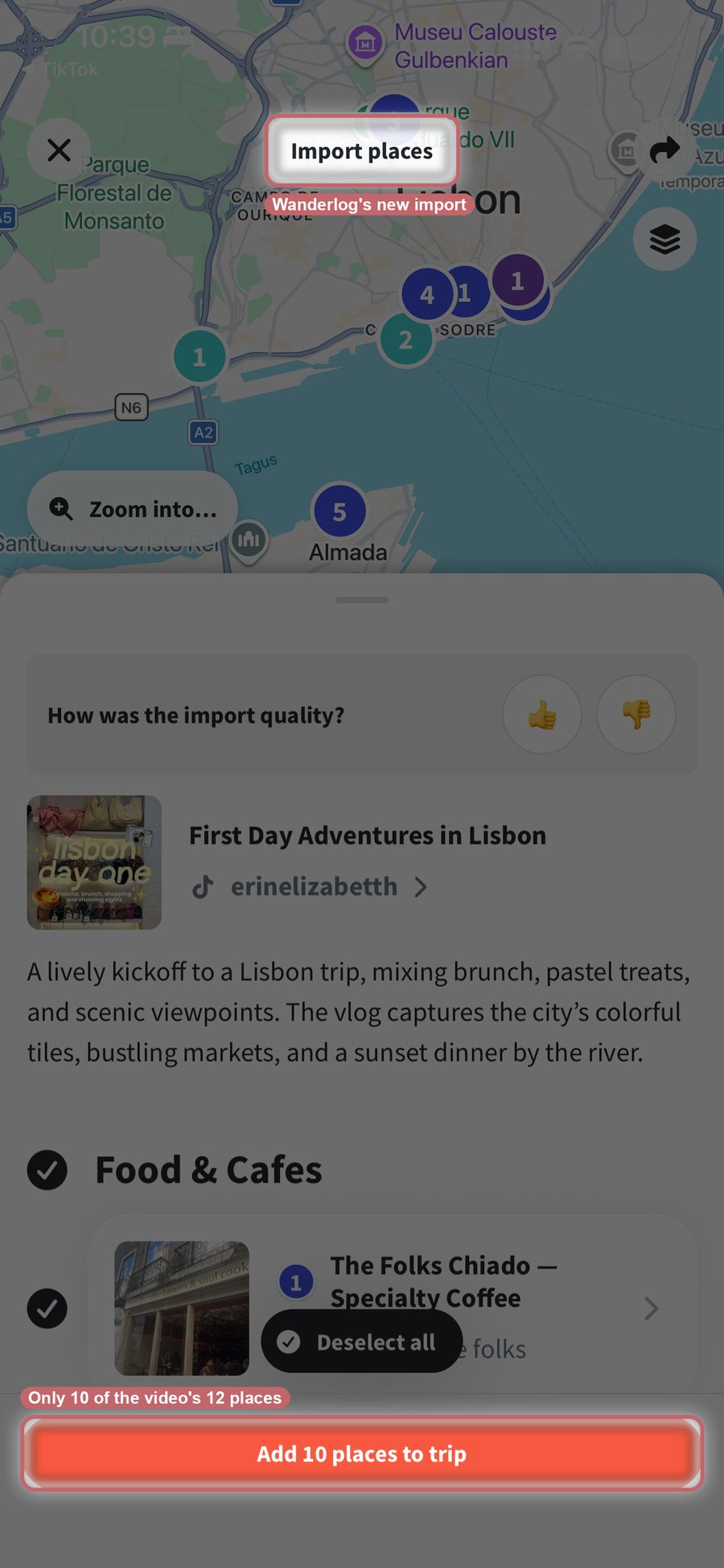 Wanderlog's Import places screen for the same Lisbon TikTok, with pins on a map of Lisbon and a button to add 10 places to a trip